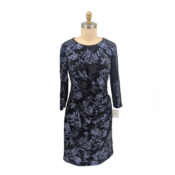01506 Eliza J Sequins Ruched Dress Black Blue size 12 cocktail party evening - Picture 1 of 6